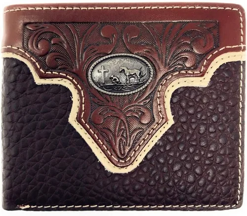 Cuero Genuino Floral Tooled Rezando Cowboy Concho Mens Short Bifold Wallet en 2 colores, Café, Billetera plegable