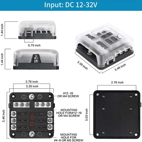 Miniatura 2 de Bloque de fusibles de 6 vías, fusible de cuchilla de 12V, 6 circuitos ATC/ATO, soporte para caja de fusibles impermeable con indicador LED, cubierta
