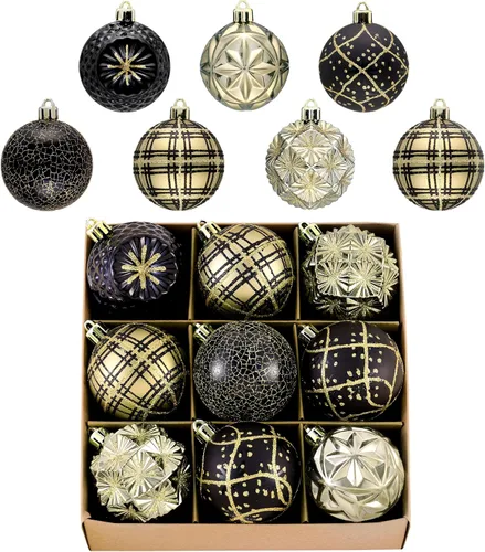 Valery Madelyn Adornos para árboles de Navidad, 9 unidades, 2.36 pulgadas, negro y dorado, irrompibles, adornos de bola colgante de lujo para