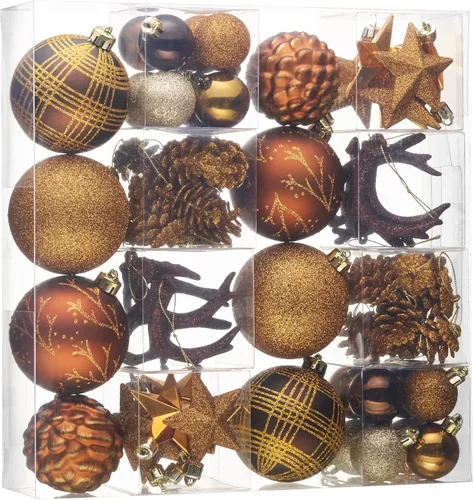 Valery Madelman Juego de Adornos de Navidad, 70 piezas Decoraciones de Árbol de Navidad Irrompibles en Marrón Cobre Dorado, Adornos Colgantes de
