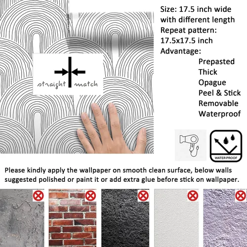 Miniatura 6 de Livelynine - Papel de colgadura adhesivo minimalista en blanco y negro de mediados del siglo moderno, papel tapiz extraíble con acento de arco