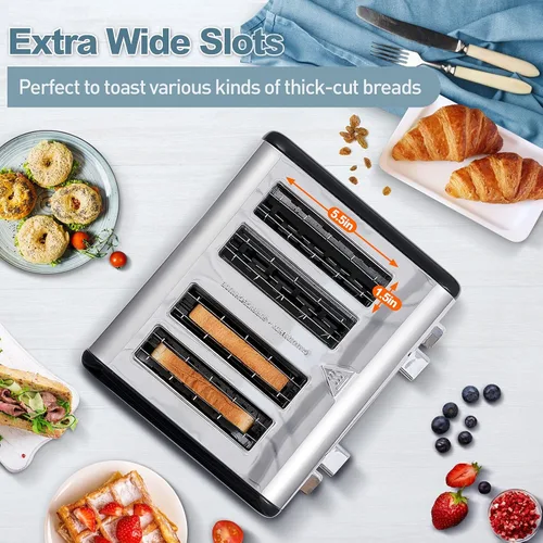 Miniatura 4 de CUSIMAX Tostadora de 4 rebanadas, pantalla LED ultra clara y ranuras extra anchas, tostadora de acero inoxidable con paneles de control dobles de 6