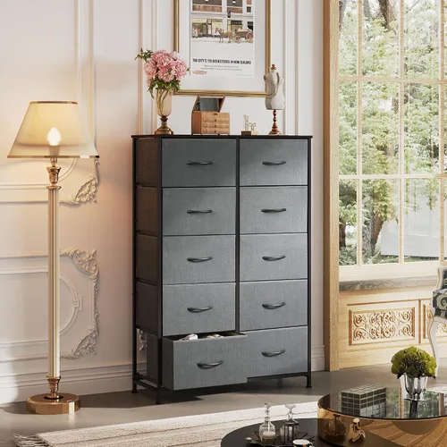 Miniatura 2 de WLIVE Cómoda gris para dormitorio con 10 cajones de tela, unidades organizadoras altas para sala de estar, ropa, armario, torre de almacenamiento
