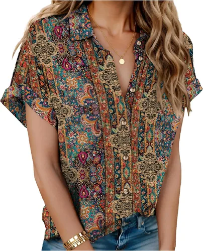 Miniatura 31 de HOTOUCH Camisas de Lino para Mujer con Botones Blusas de Manga Corta de Algodón Cuello en V con Cuello Tops de Gasa con Botones S-3XL