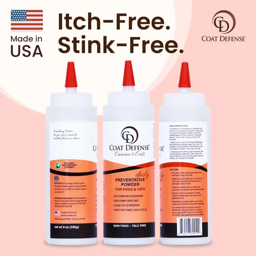 Miniatura 8 de COAT DEFENSE Polvo preventivo diario Fabricado en Estados Unidos Champú para perros sin agua con punta de precisión de 9 onzas y desodorante
