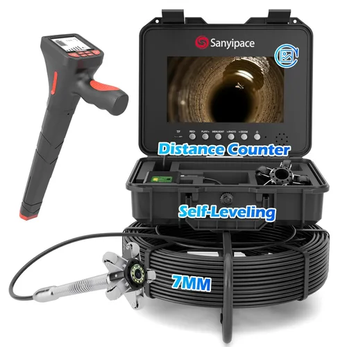 Sanyipace Cámara de Alcantarillado con Localizador de Tuberías, Cable de 7mm/0.28pulgadas, 512Hz, Pantalla IPS de 10.1", Tarjeta de 32GB, Cámara de