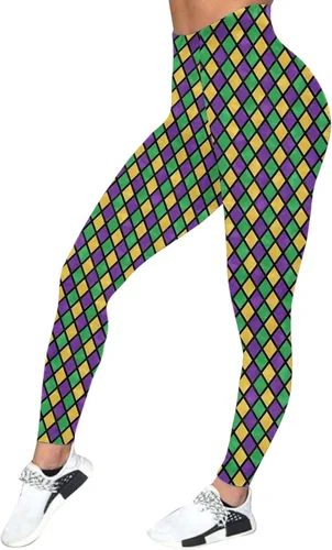 sdbrld Leggings de Mardi Gras para mujer, color morado, gráfico, cintura alta, elásticos, con estampado de carnaval, festival, fiesta, yoga
