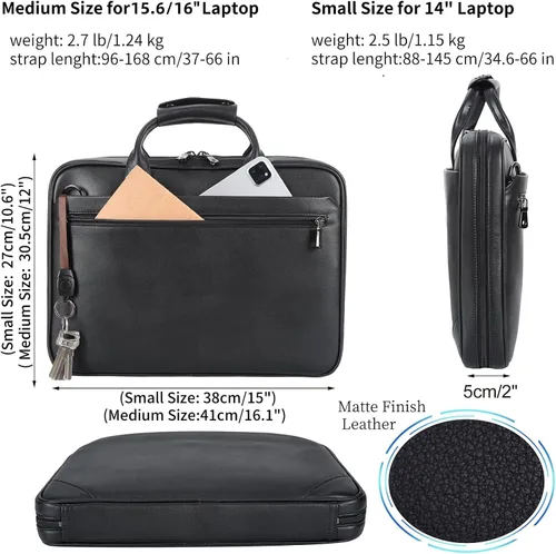 Miniatura 3 de Maletín delgado de cuero para hombres de 14 a 16 pulgadas, bolso cruzado para computadora portátil, bolsa de mensajero de trabajo de negocios
