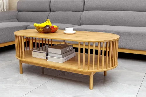Miniatura 2 de VaeFae Mesa auxiliar ovalada, mesa de centro de bambú para sala de estar, mesa central de granja de 2 niveles con estante de almacenamiento