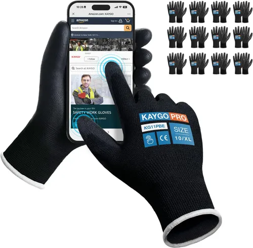 Miniatura 5 de KAYGO KG11PB - Guantes de seguridad con revestimiento delgado de poliuretano, tejido sin costuras, agarre suave en palma y dedos, para trabajo Verde