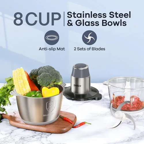 Miniatura 2 de GANIZA Procesadores de Alimentos, Picadora Eléctrica de Alimentos con Moledora de Carne y Picadora de Verduras - 2 Tazones (8 Tazas+8 Tazas) con Gris