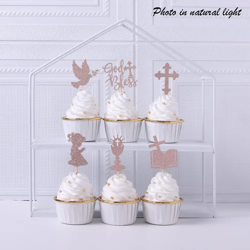 Miniatura 7 de 24 piezas de decoración para cupcakes con purpurina y paloma para magdalenas, para primera comunión, tema de bautismo cristiano, baby shower, fiesta