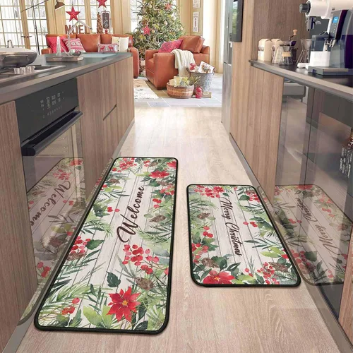 Miniatura 13 de 2 piezas de alfombras y tapetes de cocina de Navidad para el suelo con respaldo antideslizante, decoración de cocina de Navidad feliz, juego