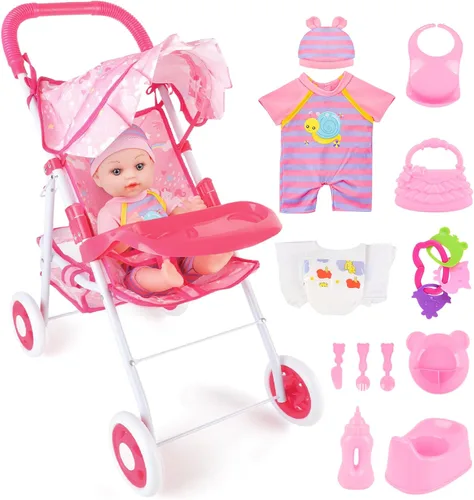deAO Juego de cochecito de muñeca de bebé de 12 pulgadas con cochecito de muñeca plegable, 15 piezas, accesorios para muñecas de bebé para niños
