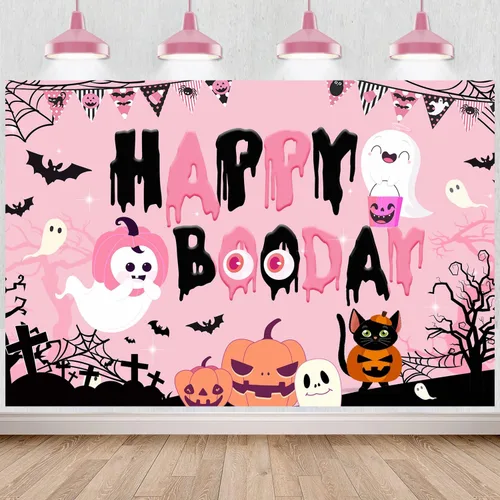 Decoraciones de fiesta de feliz boo, decoraciones de fiesta de cumpleaños de Halloween rosa y negro, pancarta de fondo de feliz día de abucheo,