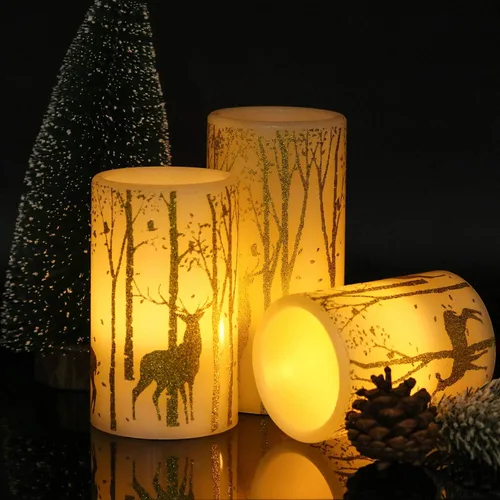 Miniatura 2 de Wondise Velas parpadeantes sin llama con temporizador, funcionan con pilas, cera real, con calcomanía de ciervo dorado, velas LED para decoración