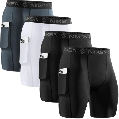 Miniatura 20 de Niksa Paquete de 2/4 pantalones cortos de compresión para hombre con bolsillo, pantalones cortos de elastano para correr, deportes, atletismo