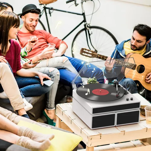 Miniatura 8 de Tocadiscos de vinilo con 2 altavoces estéreo externos, giradiscos con transmisión por correa y soporte Bluetooth, 3 velocidades, salida RCA