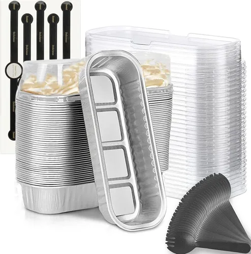Miniatura 9 de Findful Mini Moldes para Hornear Pan con Tapas y Cucharas (Paquete de 50, 6.8oz) Moldes Rectangulares de Papel de Aluminio para Hornear Recipientes