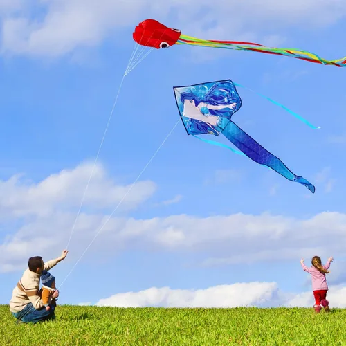 Miniatura 4 de HONBO Cometa de sirena grande para niños y adultos, cometa Delta fácil de volar, cometa para principiantes para niñas y niños, cometa