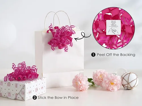 Miniatura 2 de HUIHUANG Lazos de color rosa intenso para envolver regalos, lazo de regalo rizado de 5 pulgadas x 8 unidades, lazos de cinta autoadhesivos para Rosa