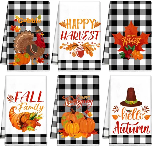 Miniatura 11 de Mixweer 6 toallas de cocina de Acción de Gracias, toalla de mano de calabaza blanca y negra de 16 x 24 pulgadas, diseño de búfalo de otoño a cuadros