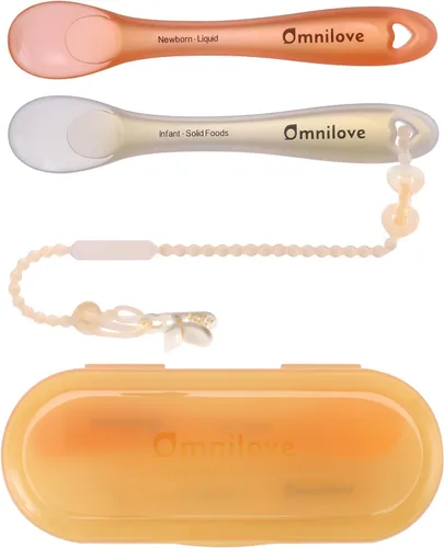Juego de cucharas de silicona para bebés de 2 piezas con estuche, cuchara para autoalimentación de recién nacido, suministros para destete guiado