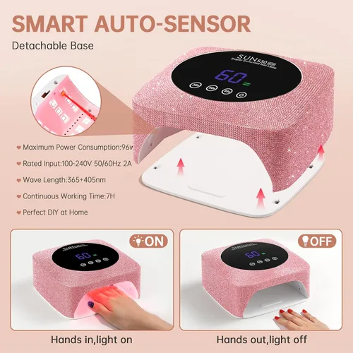 Miniatura 5 de Lámpara de uñas LED UV inalámbrica de 96 W, luz UV recargable para uñas de gel con 3 ajustes de temporizador, secador de uñas profesional de secado