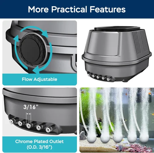 Miniatura 4 de AquaMiracle Aquarium Air Pump 3W/6W/10W, Super Quiet Powerful Fish Tank Air Pump with Double-Layer Sound Insulation, Adjustable Pond Aerator Pump