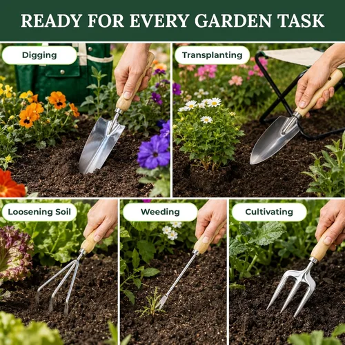 Miniatura 3 de GardenHOME Juego de herramientas de jardinería de 7 piezas, herramientas de acero inoxidable con asas de madera, taburete plegable y bolsa de lona