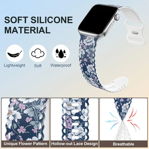 Miniatura 3 de Correa de encaje floral compatible con Apple Watch de 40mm 44mm 46mm 41mm 45mm 38mm 42mm 49mm, mujeres, correa deportiva de repuesto de silicona E