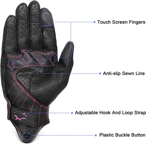 Miniatura 3 de Guantes completos de motocicleta para mujer, con nudillos reforzados, de piel blindada, para usar con pantalla táctil, S Cuero negro con línea rosa