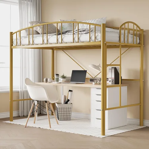 Miniatura 10 de GAOMON Cama alta tamaño individual con peldaño de escalera plana, barandilla de seguridad arqueada, marco de cama de metal alto, soporte de listones
