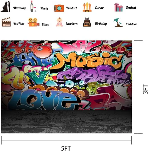 Miniatura 2 de Telones de fondo de fotografía de graffiti de 5 x 3 pies, colorido hip hop urbano temática sesión de fotos de regreso a la fiesta temática