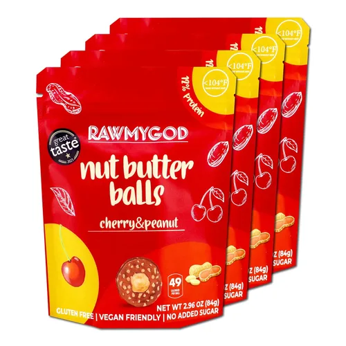 RAWMYGOD Bolas de frutas y nueces con centro de mantequilla de nueces, sin gluten, veganas, sin azúcar añadido (paquete de 4 bolsas), 7 bolas por