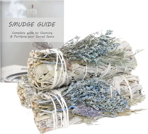 Miniatura 18 de SOUL STICKS Paquete de 3 barras de salvia blanca floral con flores para limpiar el hogar, meditación, yoga, curación y manchas, California de origen