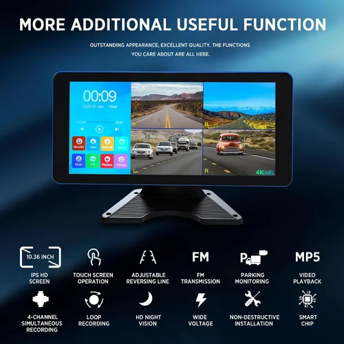 Miniatura 6 de Cámara de respaldo 4K de 4 canales 360 Dash Cam con pantalla táctil dividida cuádruple de 10.36 pulgadas y 4 AHD frontal trasera cámara de visión