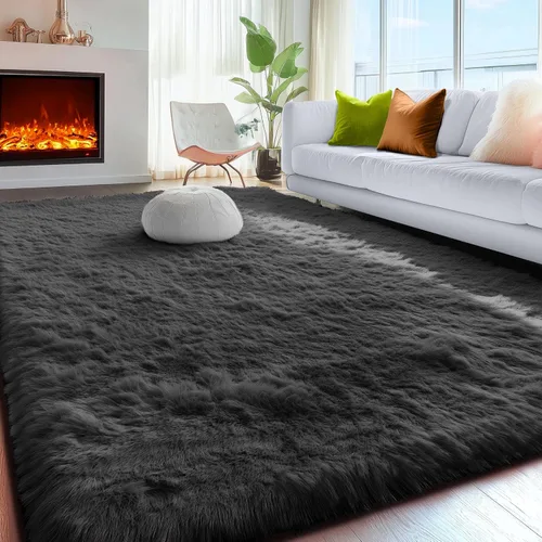 PAGISOFE Alfombras esponjosas de dormitorio de 4 x 6 pies, color negro, alfombra moderna para sala de estar, alfombra lanuda para interiores,