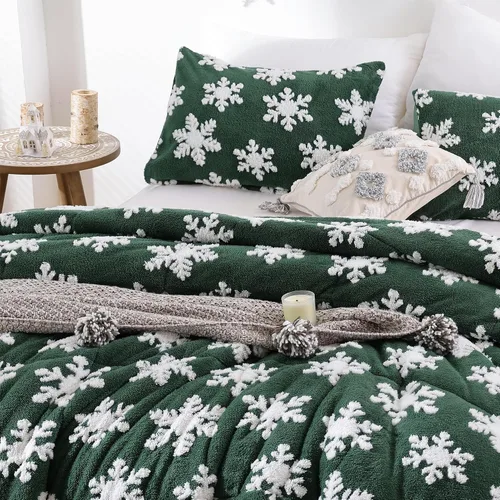Miniatura 8 de JANZAA - Juego de ropa de cama navideña tamaño matrimonial, juego de edredón de terciopelo color esmeralda con copos de nieve blancos
