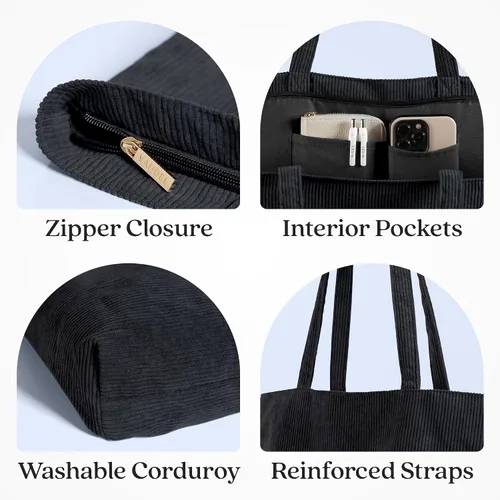 Miniatura 2 de VANDEL Bolso tote de pana para mujeres y hombres con cremallera y bolsillos interiores. Bolso tote con cremallera, bonita bolsa estética