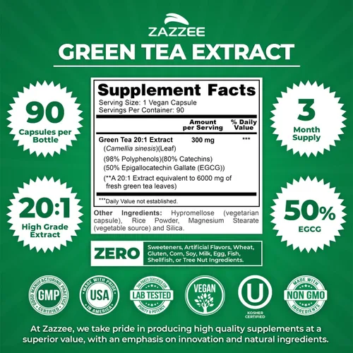 Miniatura 2 de Zazzee Extracto de té verde de extrafuerte 20:1, 6000 mg de fuerza, 50% EGCG, 98% polifenoles y 80% catequinas, 90 cápsulas veganas, suministro de 3