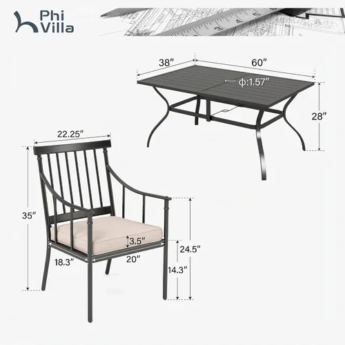 Miniatura 9 de PHI VILLA Juego de comedor al aire libre de 7 piezas con cojín, mesa de comedor rectangular de metal de 60 pulgadas con agujero para sombrilla y 6