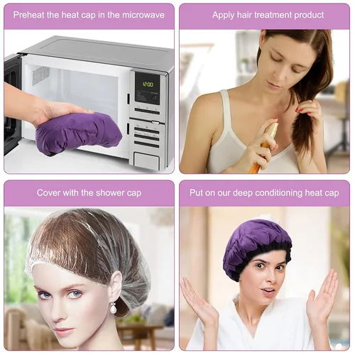 Miniatura 4 de Gorro térmico para microondas de acondicionamiento profundo para peinar y tratar el cabello al vapor, terapia de cuidado del cabello (morado)