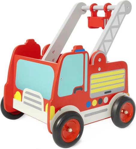 Labebe Andador de madera para bebés, juguete de aprendizaje para niños pequeños de 1 a 3 años, camión de bomberos con ruedas