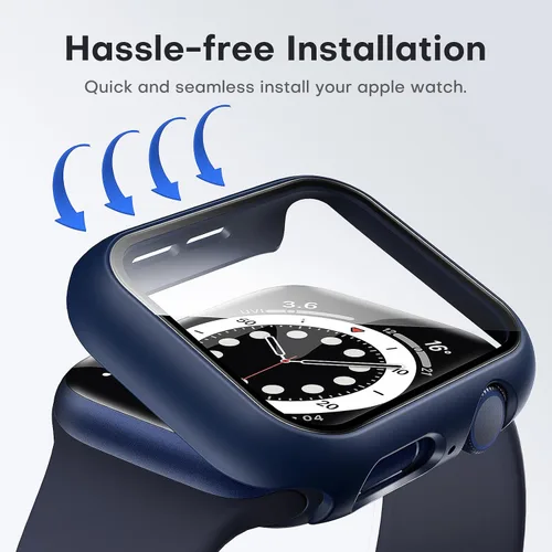 Miniatura 6 de TAURI - Juego de 2 carcasas rígidas para Apple Watch SE Series 6, 5, 4, 1.732 in (44mm), protector de pantalla integrado de cristal templado 9H, Azul
