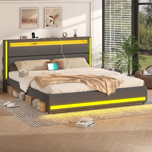 Miniatura 8 de CSZZD Base de cama tamaño King con cabecero ajustable, plataforma de cama tamaño King con iluminación, base de cama tapizada de metal tamaño King