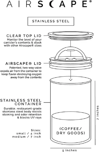 Miniatura 6 de Planetary Design Airscape - Recipiente de café de acero inoxidable Contenedor de almacenamiento de alimentos Tapa hermética patentada de Estados
