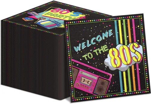 40 servilletas de decoración de los años 80, 13 x 13 pulgadas, servilletas de papel colorido de hip hop para decoraciones de fiesta de regreso a los