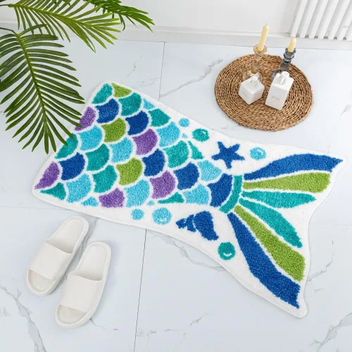 Miniatura 3 de Bonita alfombra de baño de sirena, divertida alfombra de baño con forma de cola de pez océano azul, escamas de sirena, para baño, antideslizante