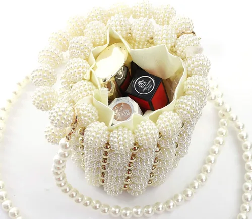 Miniatura 7 de YIFEI Bolsos hechos a mano con cuentas pequeñas perlas para mujer, con cadena desmontable, para fiesta de boda, Blanco